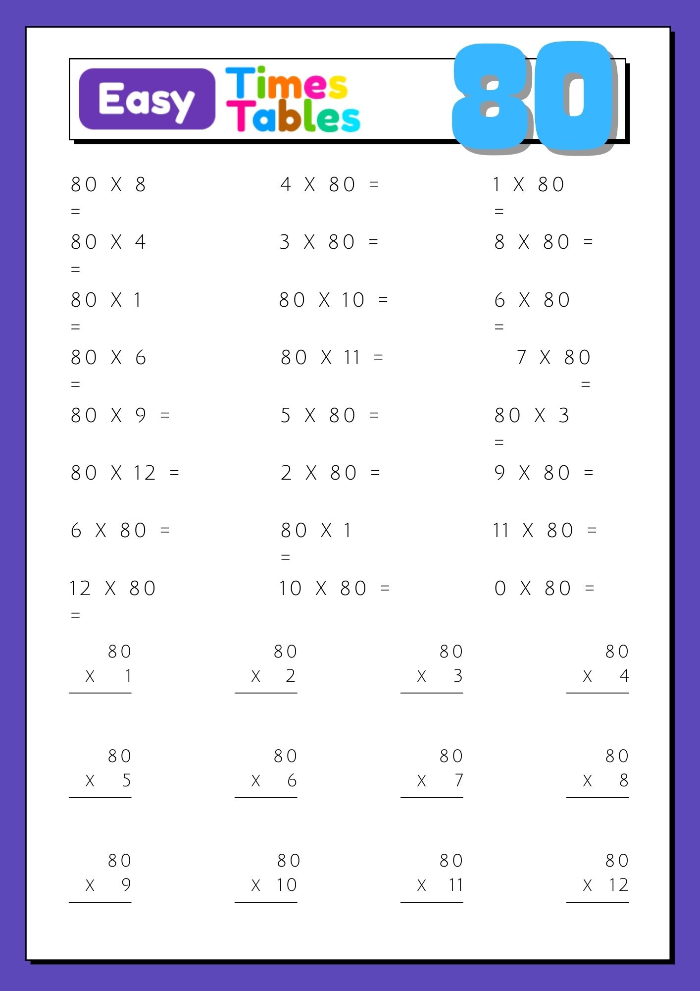 80 times table multiplication table of 80 for children